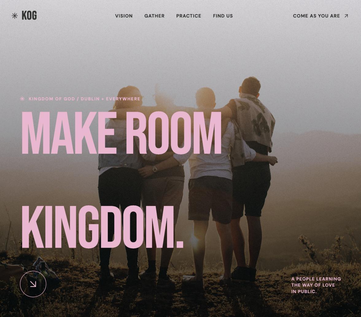 Screenshot of the Come Gather site hero: 'MAKE ROOM KINGDOM.' over a photo of friends on a hillside