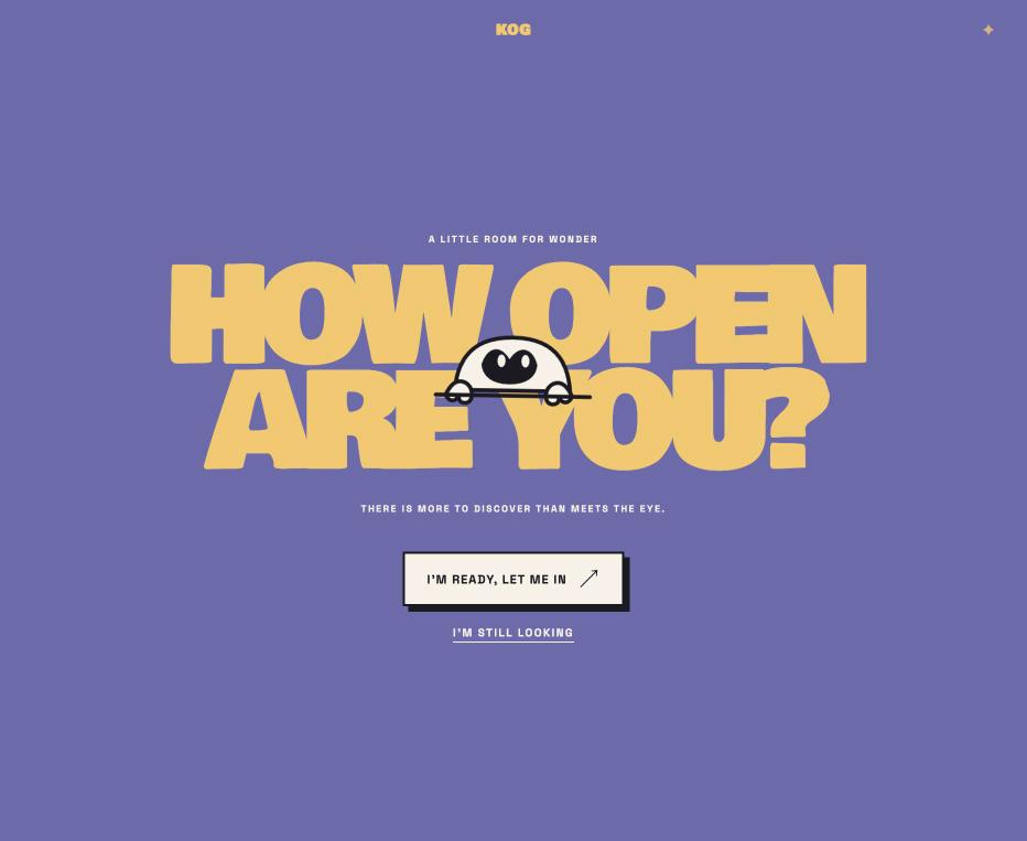Screenshot of the Open Me site: 'HOW OPEN ARE YOU?' poster headline on a violet field with a peeking mascot
