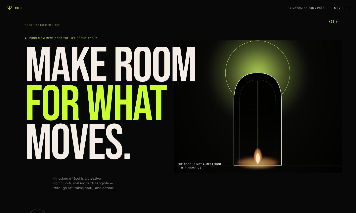 Screenshot of the Studio One site: 'MAKE ROOM FOR WHAT MOVES.' in bone-white and chartreuse type on black